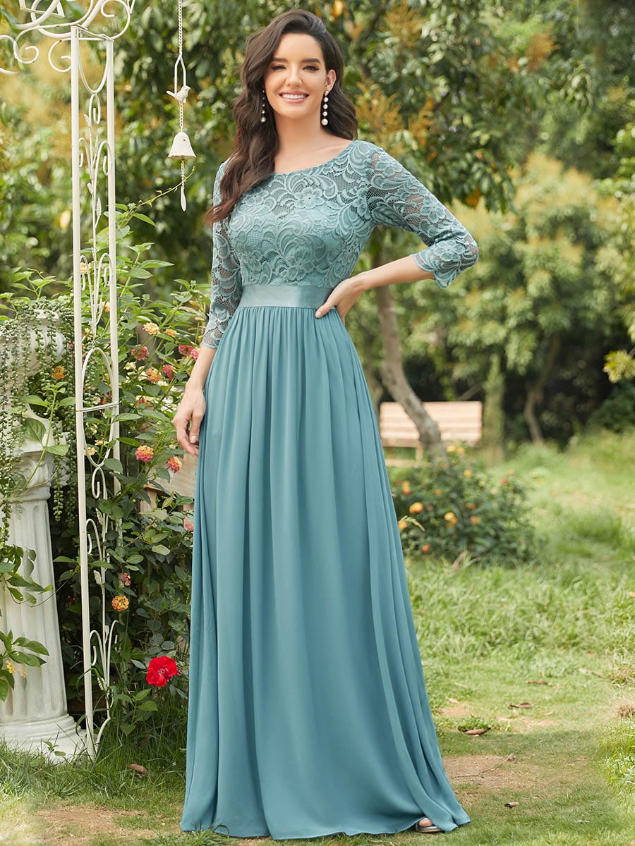 Custom Size See-Through Maxi Lace Evening Dress with Half Sleeve #color_Light Teal