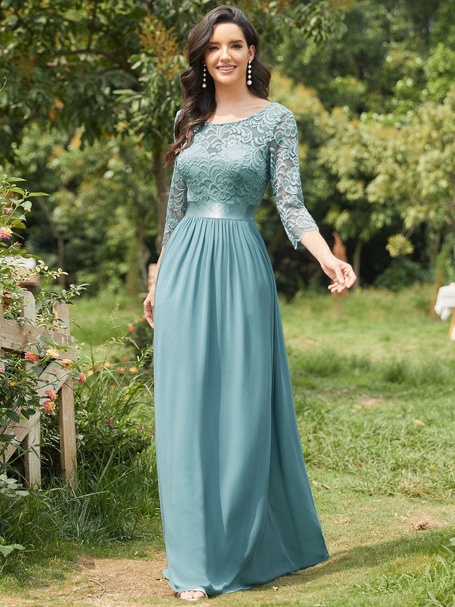 Custom Size See-Through Maxi Lace Evening Dress with Half Sleeve #color_Light Teal