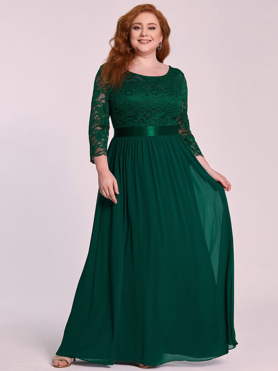 Custom Size See-Through Maxi Lace Evening Dress with Half Sleeve #color_Dark Green