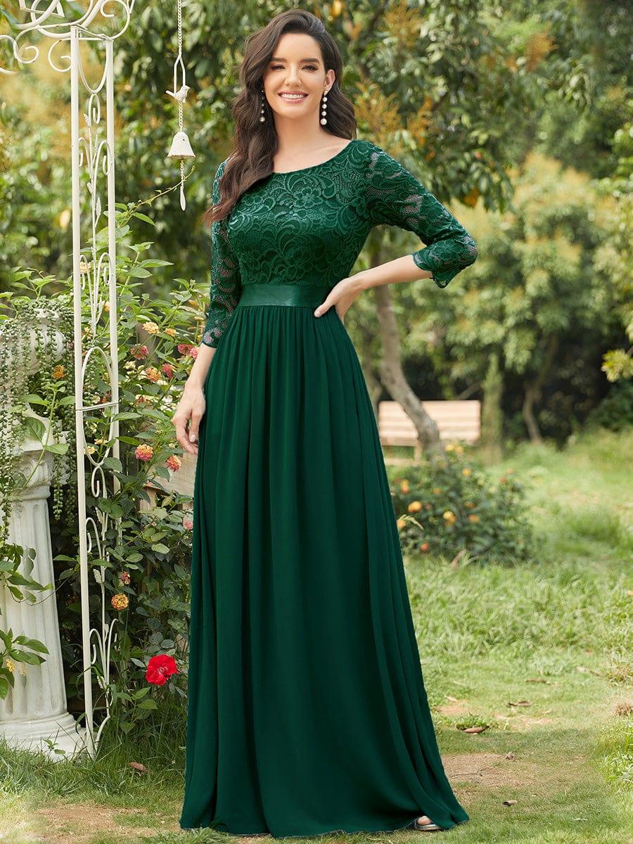 Custom Size See-Through Maxi Lace Evening Dress with Half Sleeve #color_Dark Green