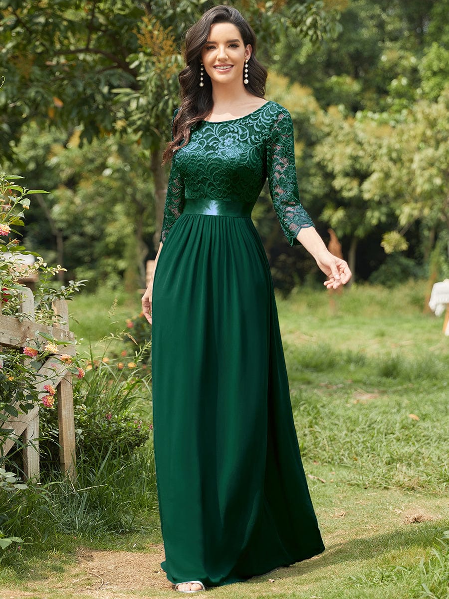 Custom Size See-Through Maxi Lace Evening Dress with Half Sleeve #color_Dark Green