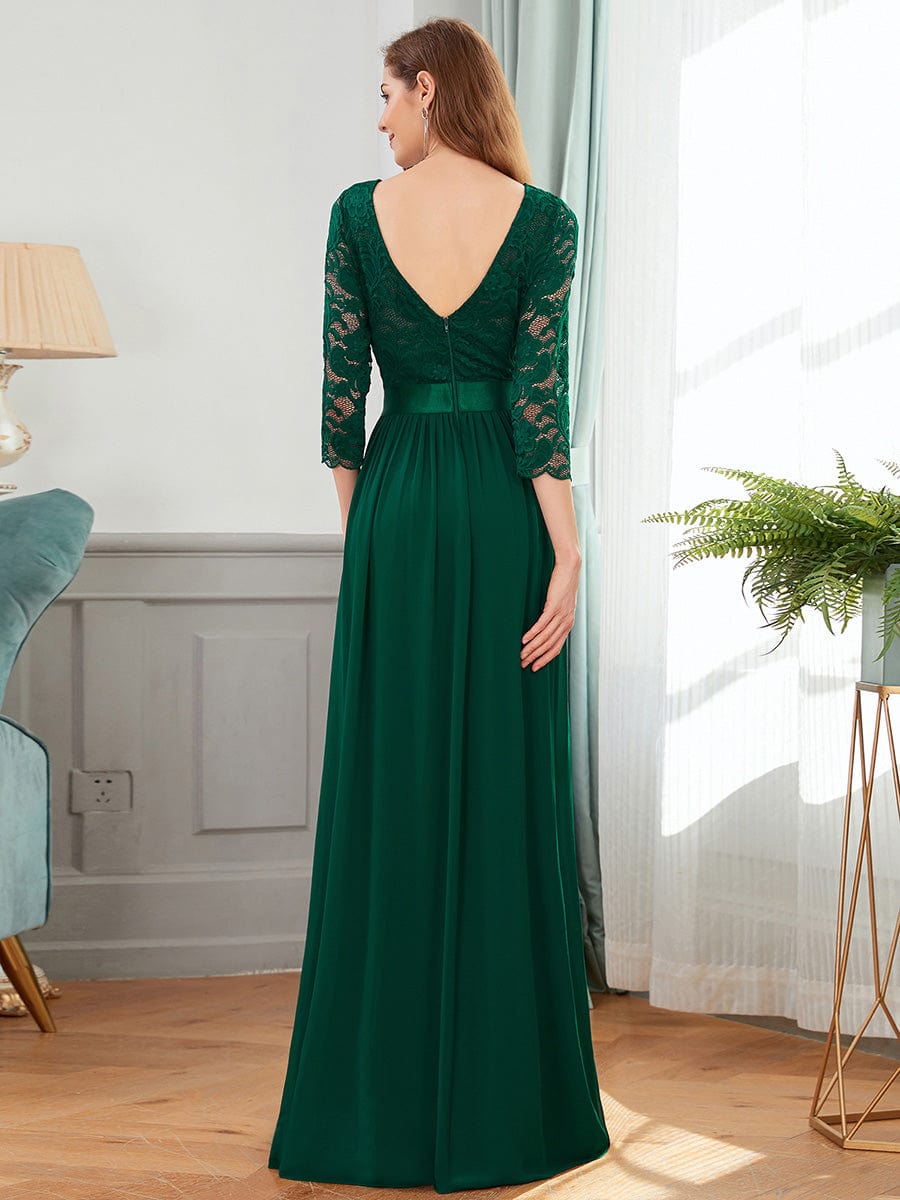 Custom Size See-Through Maxi Lace Evening Dress with Half Sleeve #color_Dark Green