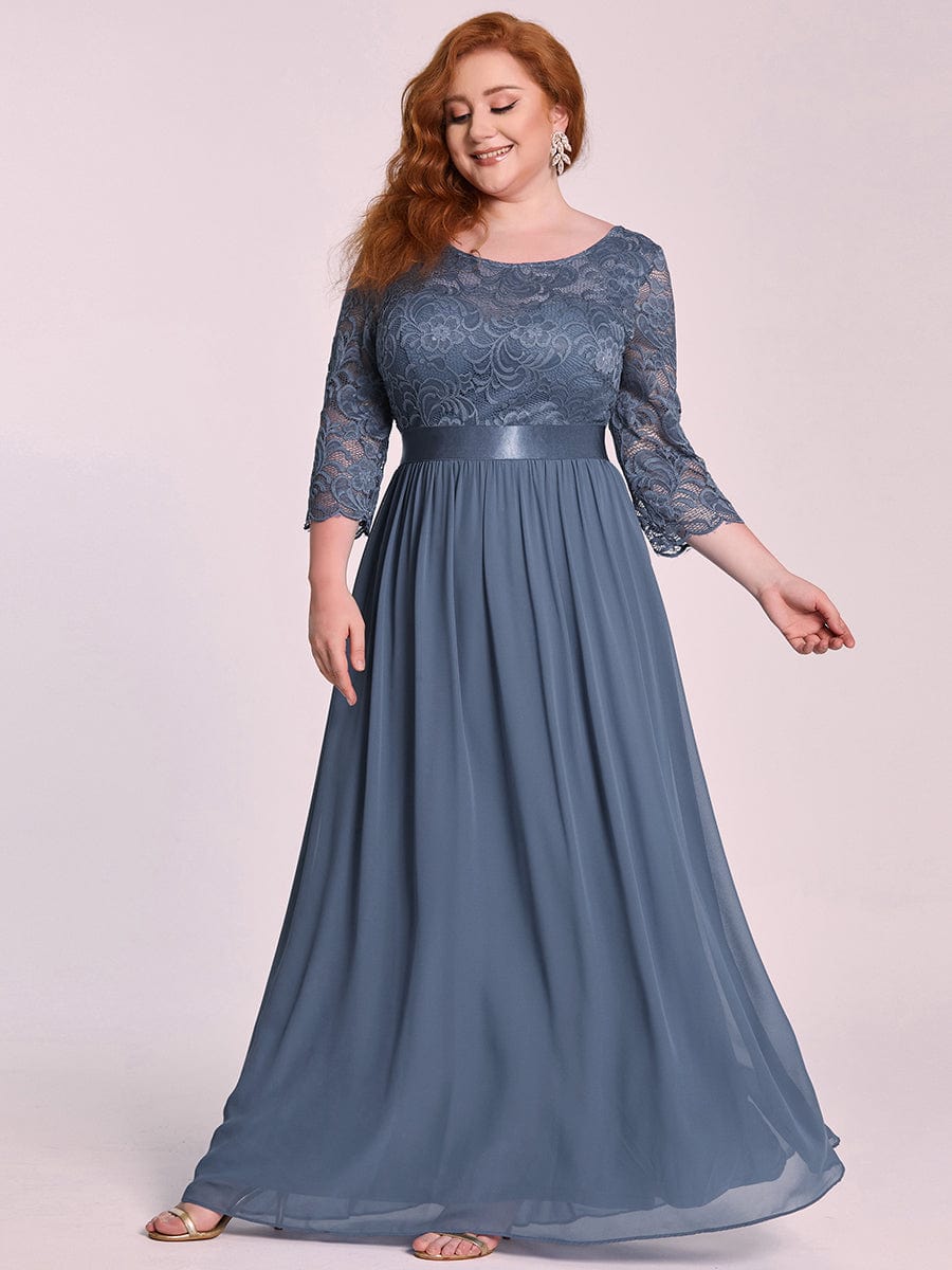 Custom Size See-Through Maxi Lace Evening Dress with Half Sleeve #color_Dusty Blue