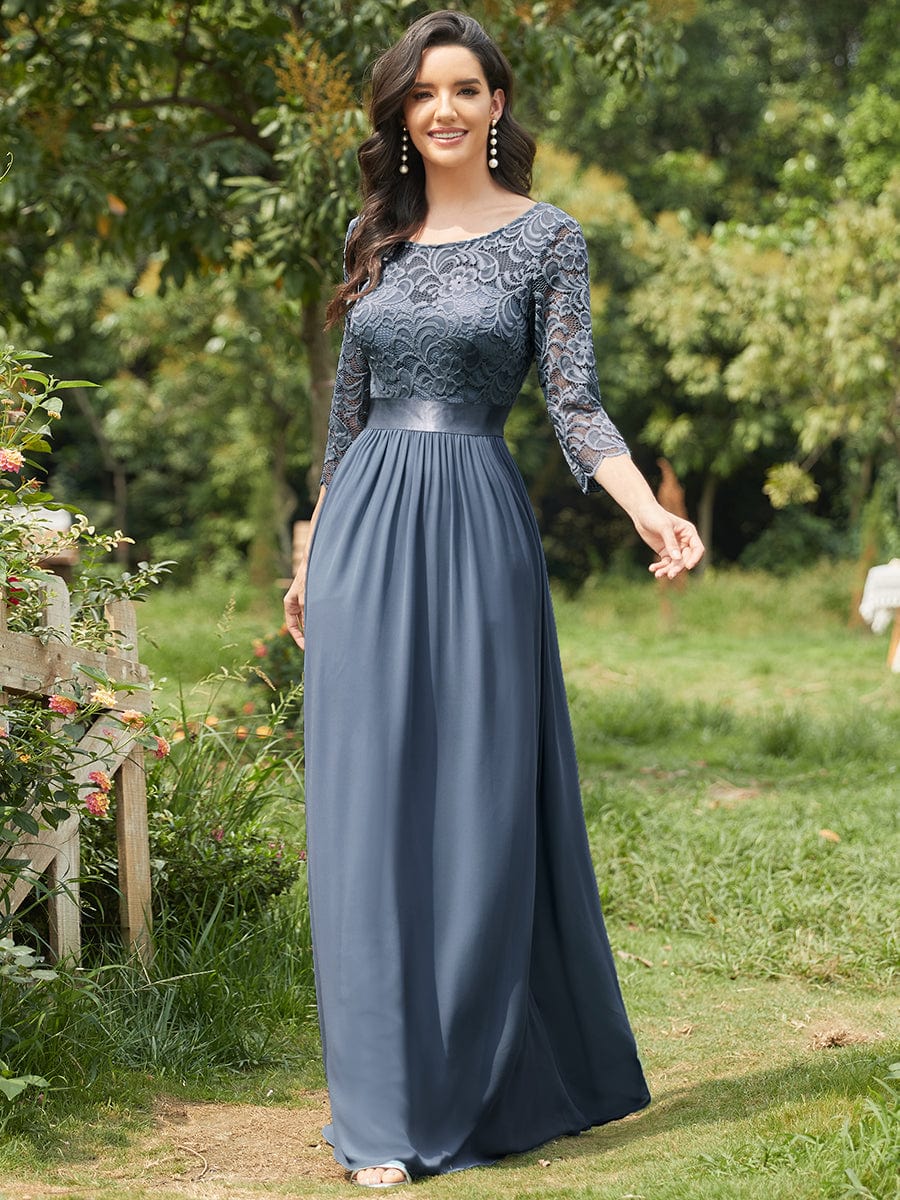 Custom Size See-Through Maxi Lace Evening Dress with Half Sleeve #color_Dusty Navy