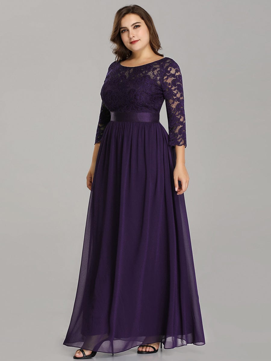 Custom Size See-Through Maxi Lace Evening Dress with Half Sleeve #color_Dark Purple