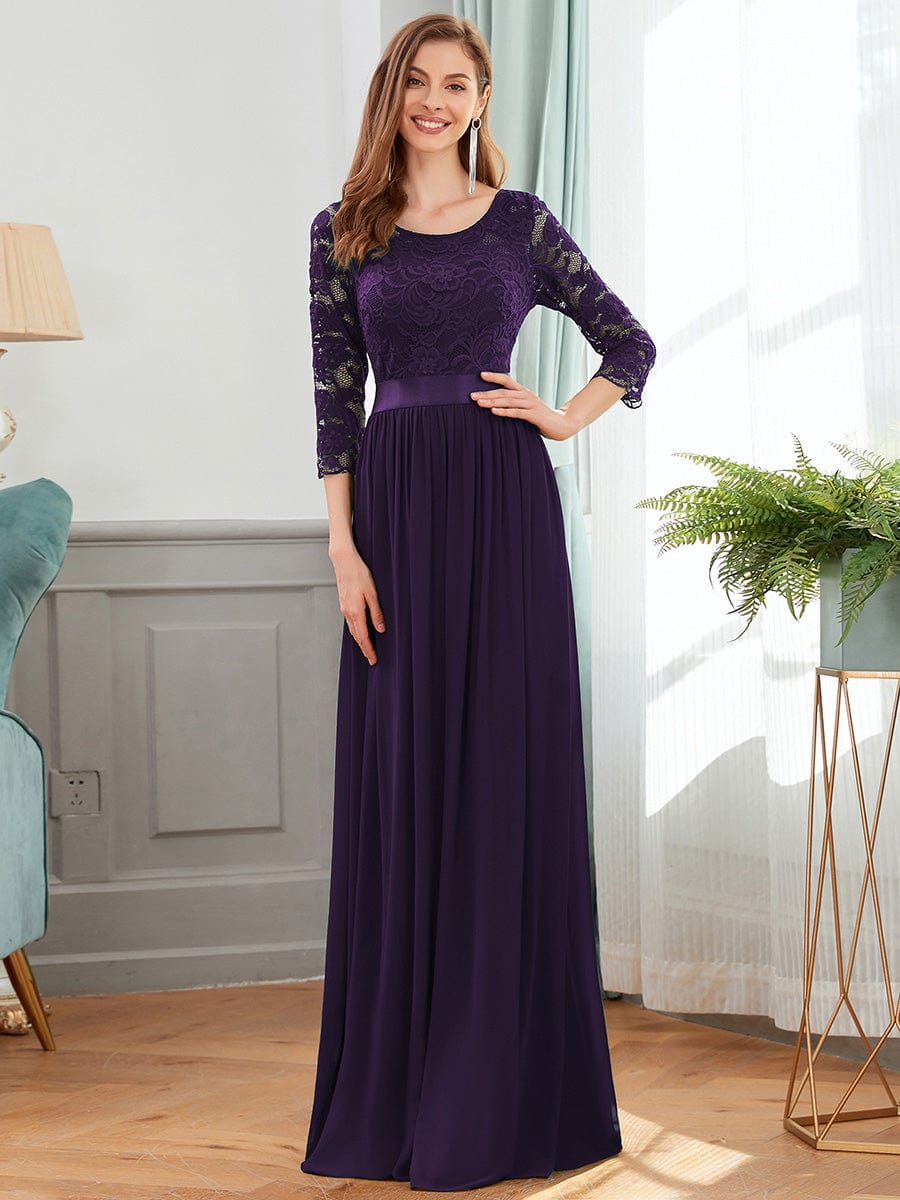 Custom Size See-Through Maxi Lace Evening Dress with Half Sleeve #color_Dark Purple