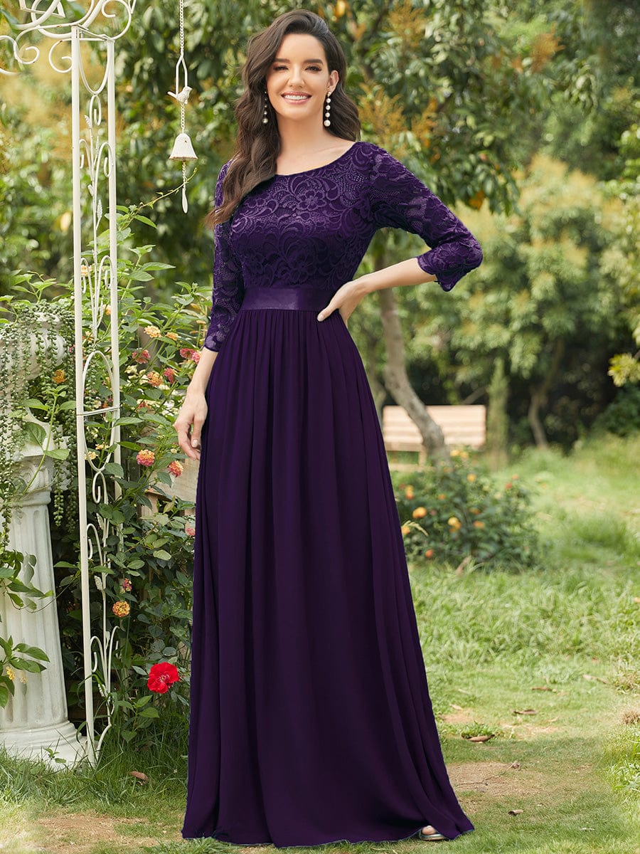 Custom Size See-Through Maxi Lace Evening Dress with Half Sleeve #color_Dark Purple