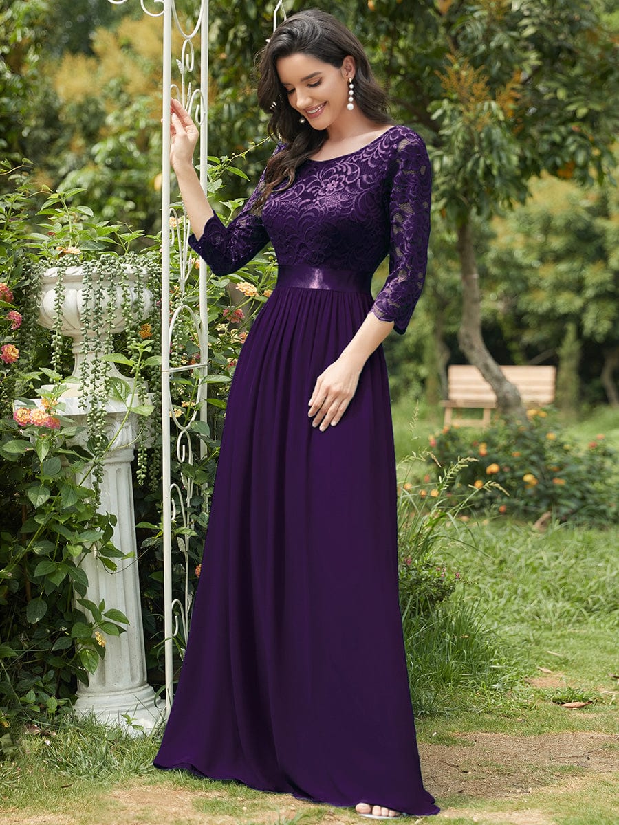 Custom Size See-Through Maxi Lace Evening Dress with Half Sleeve #color_Dark Purple