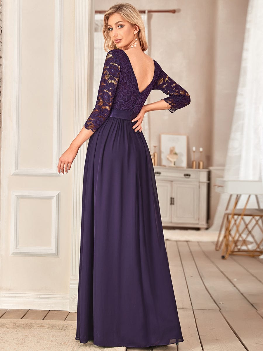 Custom Size See-Through Maxi Lace Evening Dress with Half Sleeve #color_Dark Purple