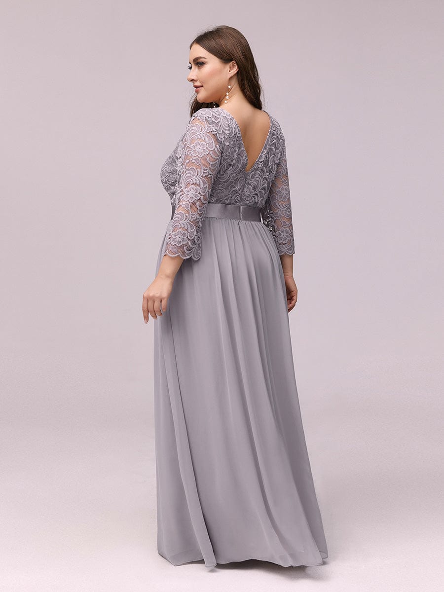 See-Through Floor Length Lace Chiffon Evening Dress with Half Sleeve #color_Grey