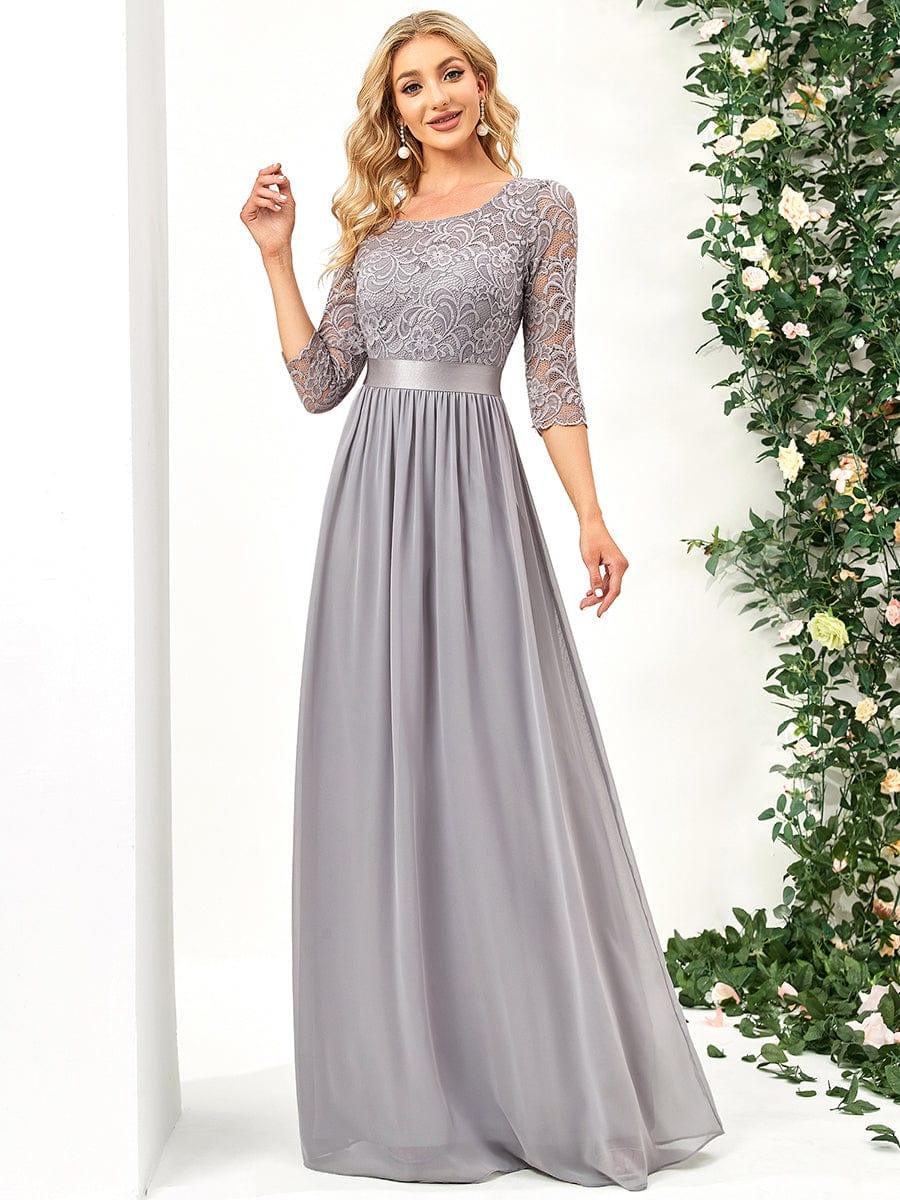 Custom Size See-Through Maxi Lace Evening Dress with Half Sleeve #color_Grey