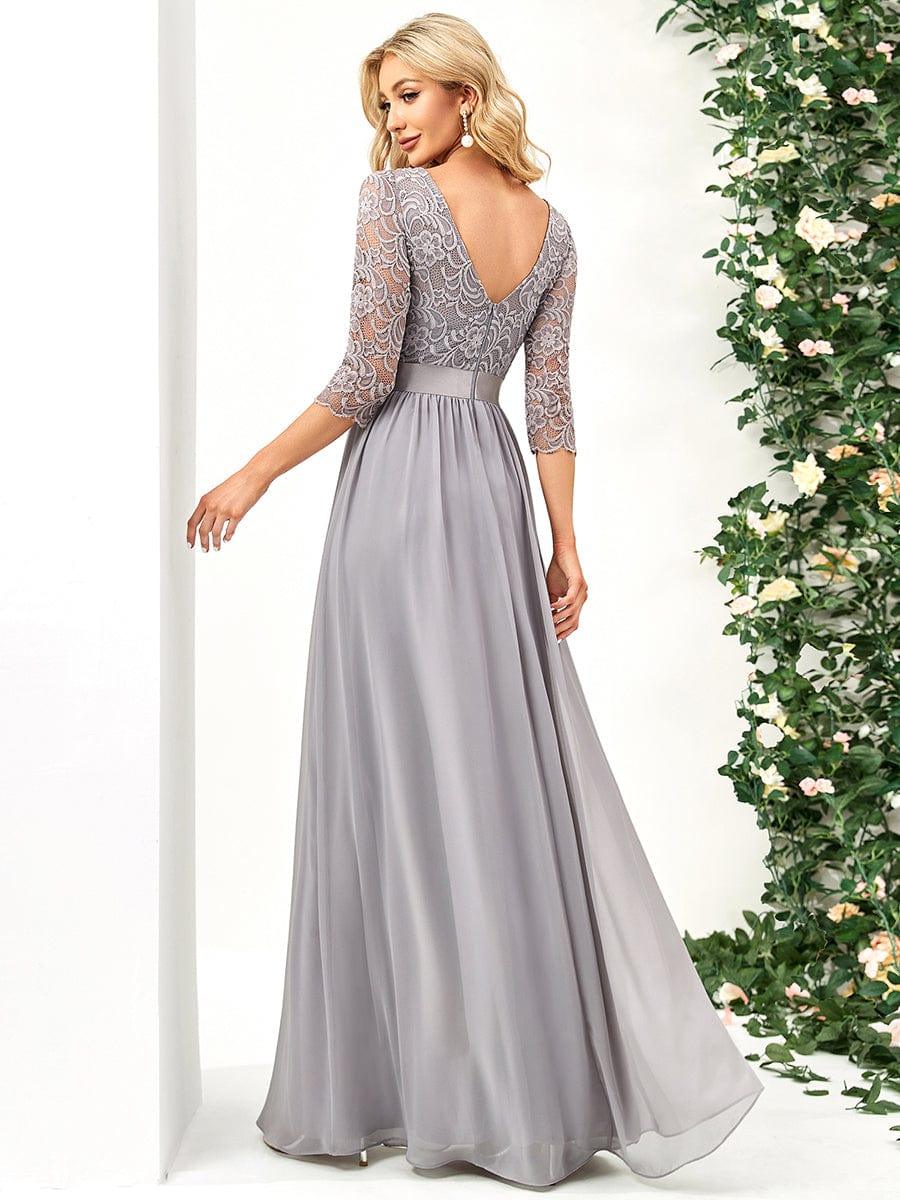 Custom Size See-Through Maxi Lace Evening Dress with Half Sleeve #color_Grey