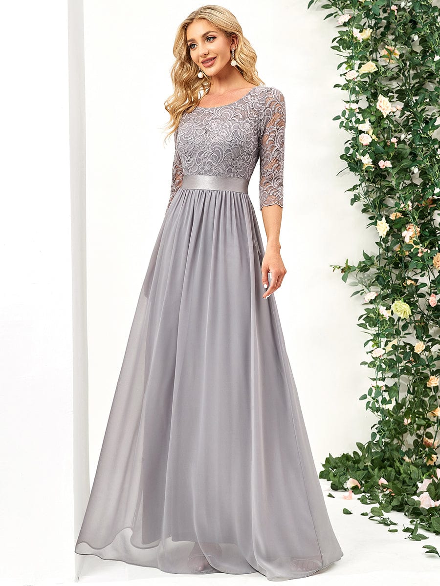 See-Through Floor Length Lace Chiffon Evening Dress with Half Sleeve #color_Grey