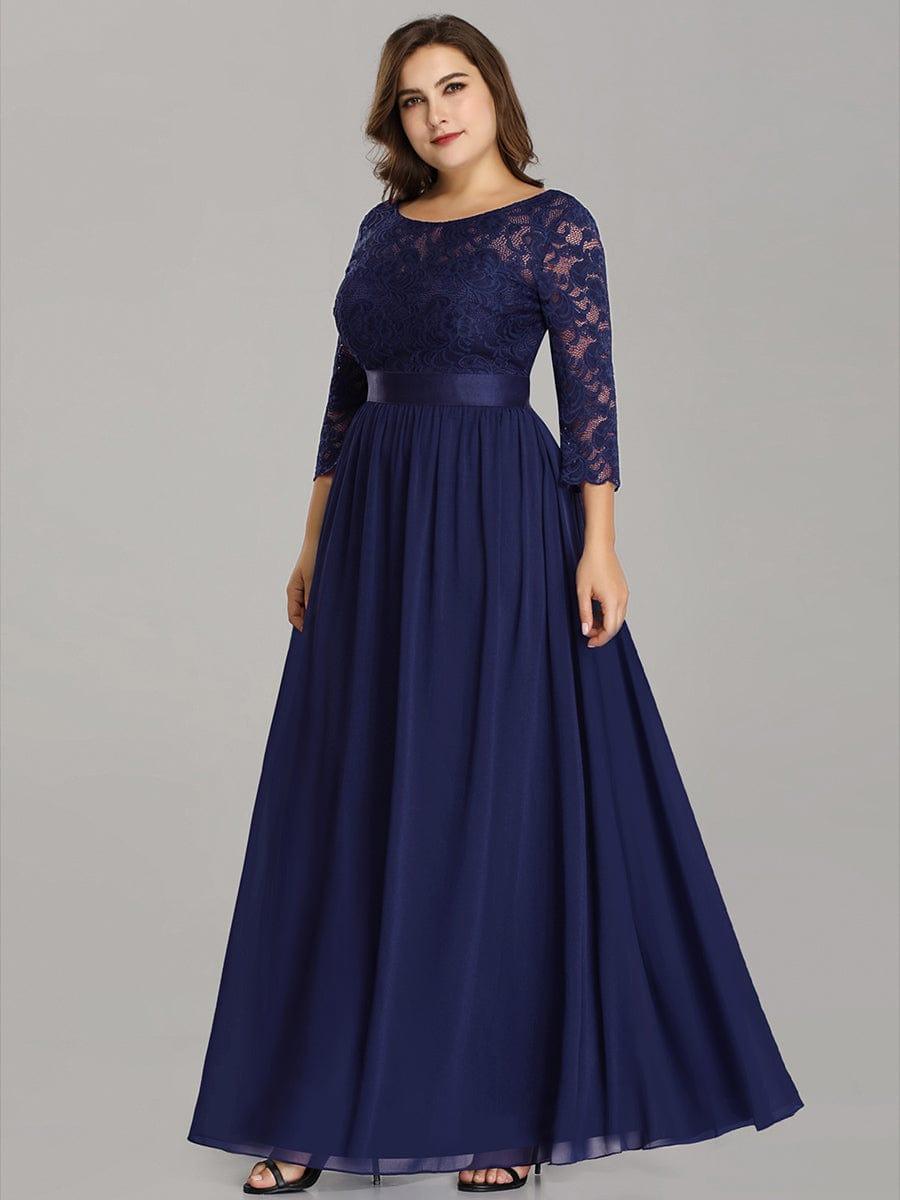 Custom Size See-Through Maxi Lace Evening Dress with Half Sleeve #color_Navy Blue