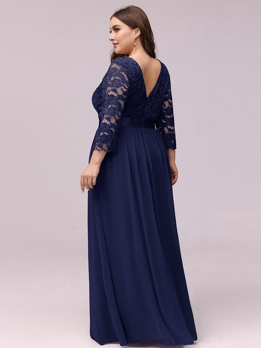 Custom Size See-Through Maxi Lace Evening Dress with Half Sleeve #color_Navy Blue