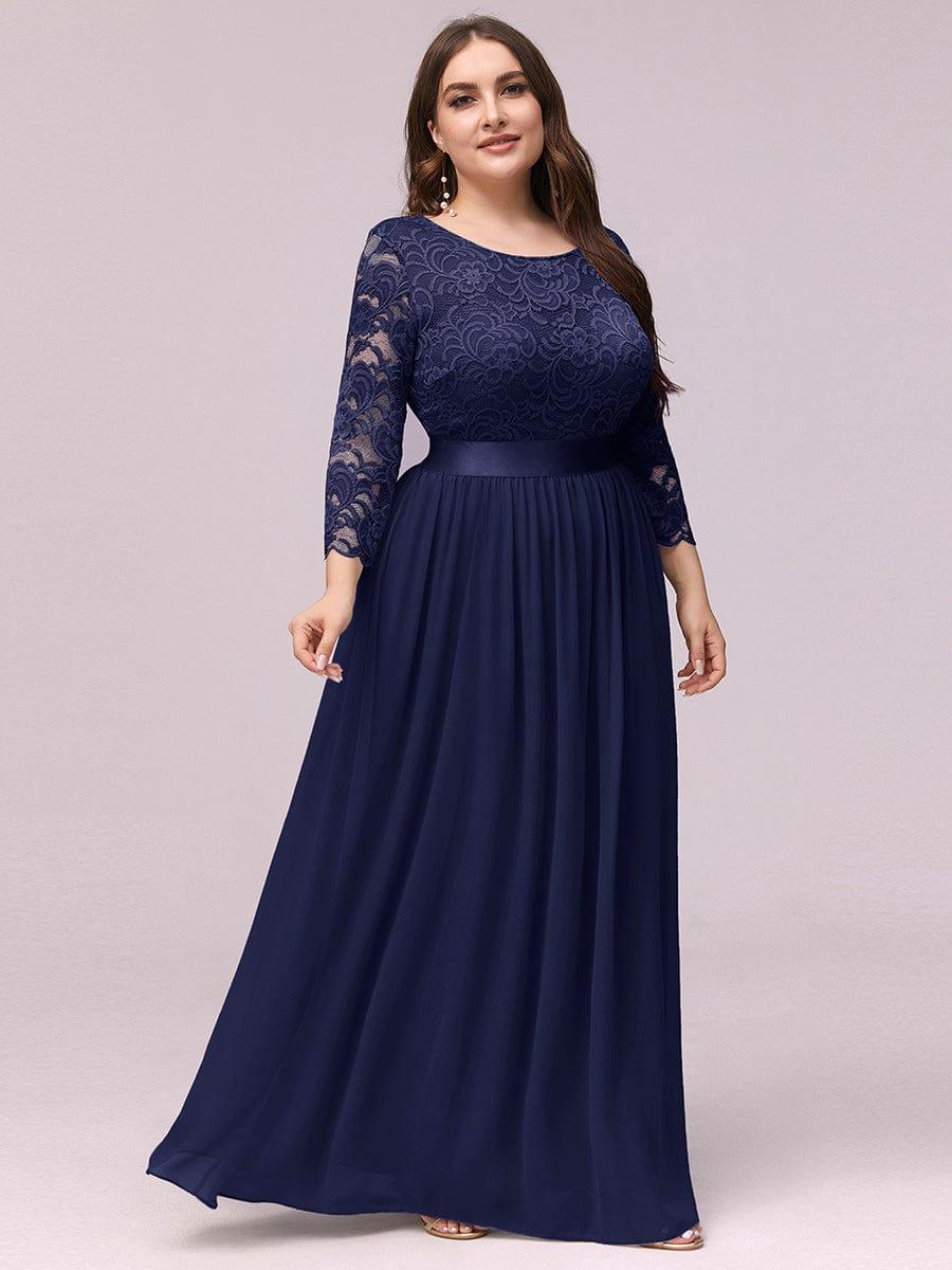 Custom Size See-Through Maxi Lace Evening Dress with Half Sleeve #color_Navy Blue