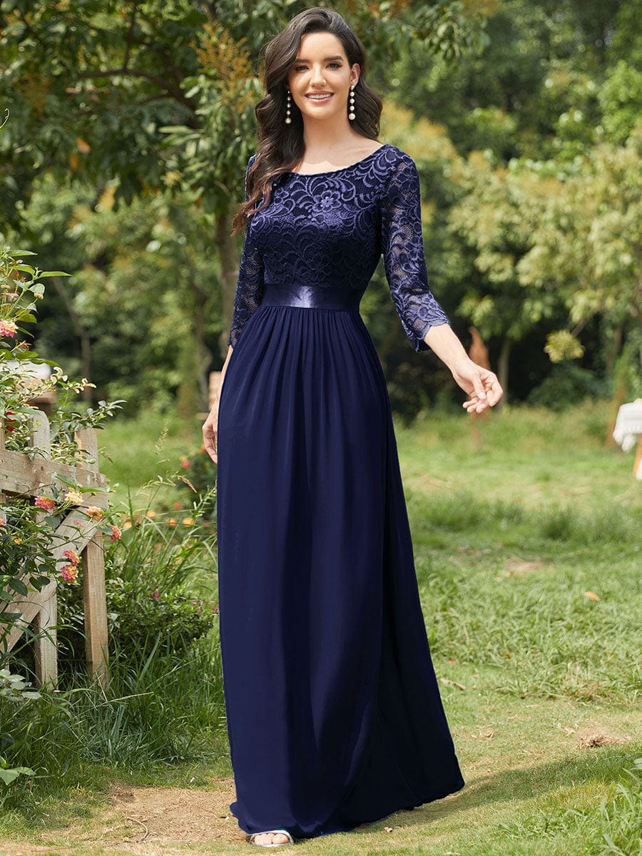 Custom Size See-Through Maxi Lace Evening Dress with Half Sleeve #color_Navy Blue