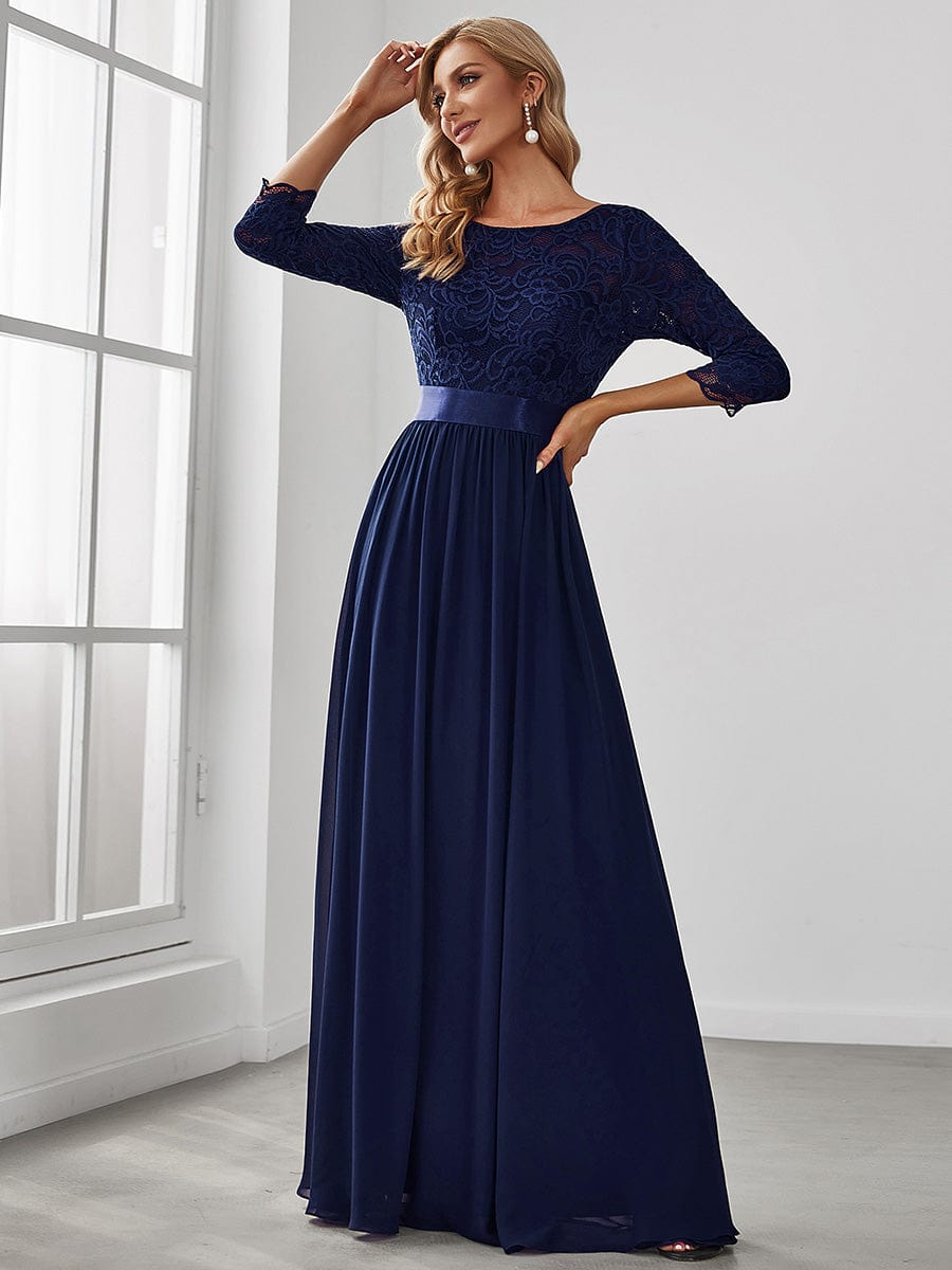 Custom Size See-Through Maxi Lace Evening Dress with Half Sleeve #color_Navy Blue