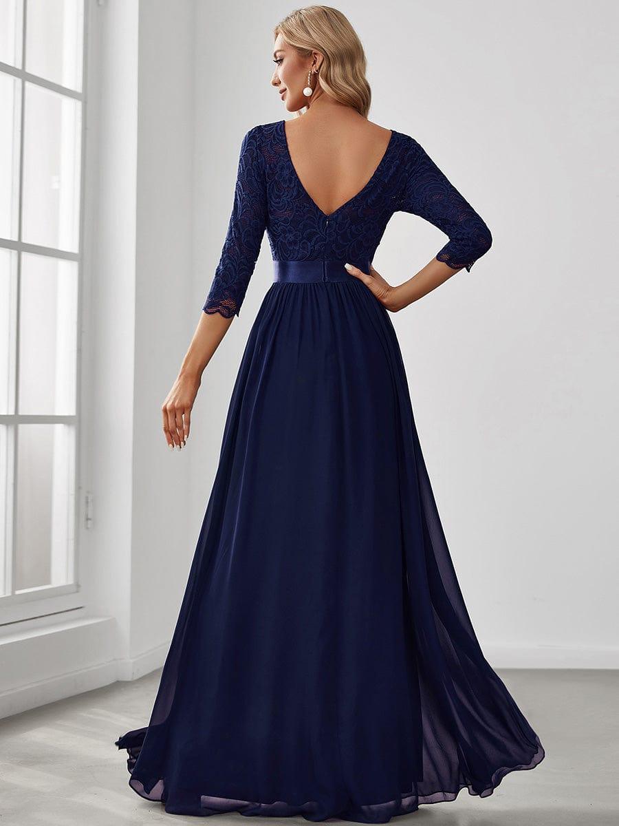 Custom Size See-Through Maxi Lace Evening Dress with Half Sleeve #color_Navy Blue