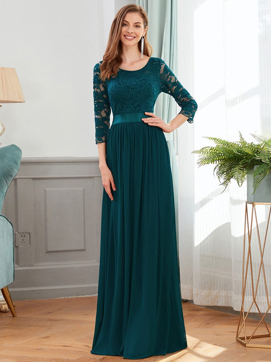 Custom Size See-Through Maxi Lace Evening Dress with Half Sleeve #color_Teal