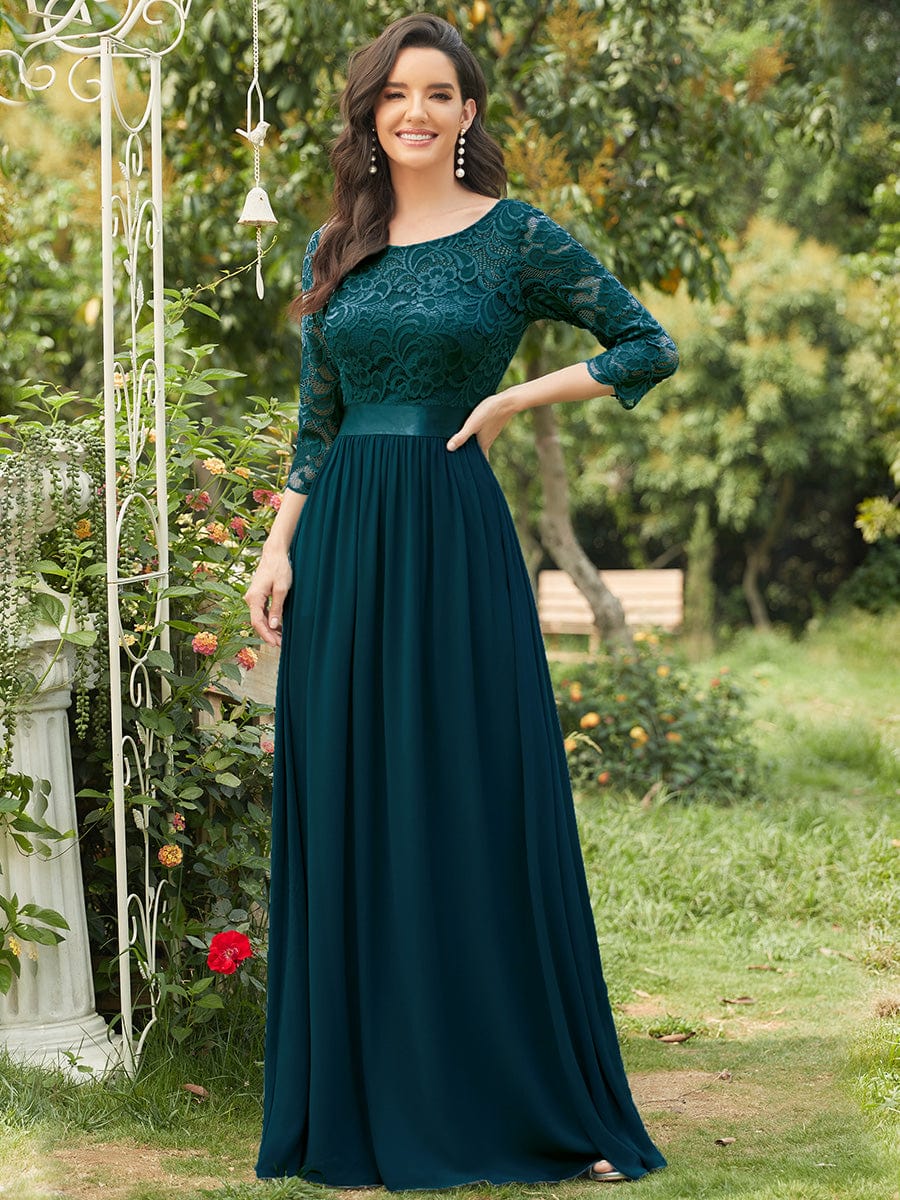 Custom Size See-Through Maxi Lace Evening Dress with Half Sleeve #color_Teal