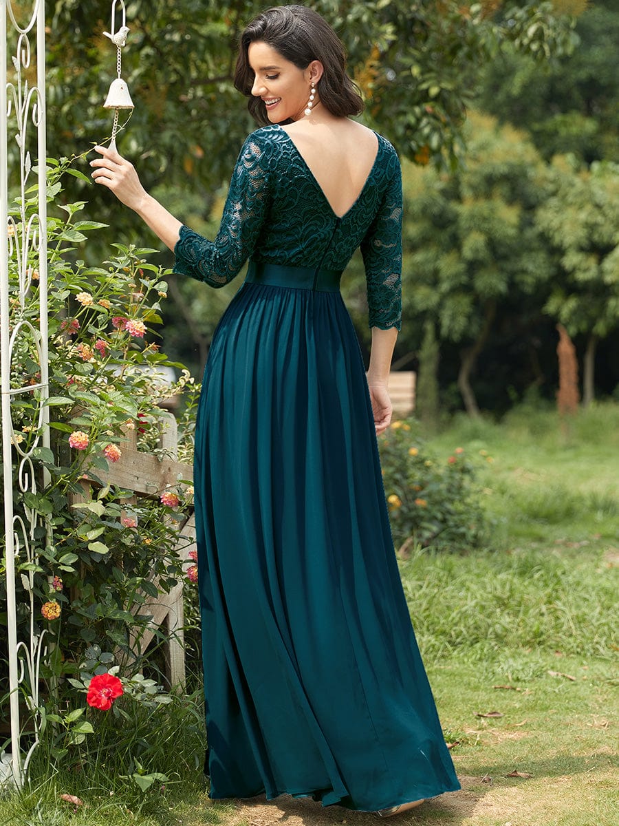 Custom Size See-Through Maxi Lace Evening Dress with Half Sleeve #color_Teal