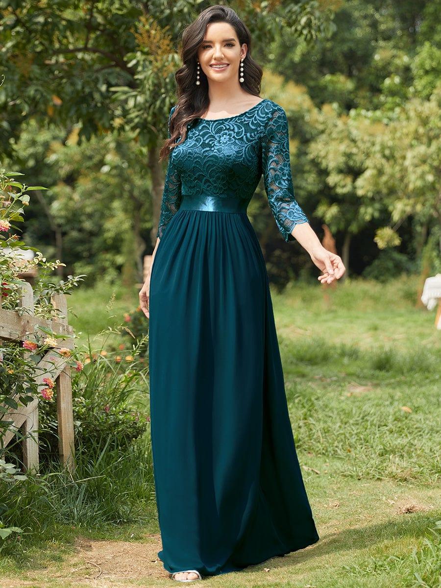 Custom Size See-Through Maxi Lace Evening Dress with Half Sleeve #color_Teal