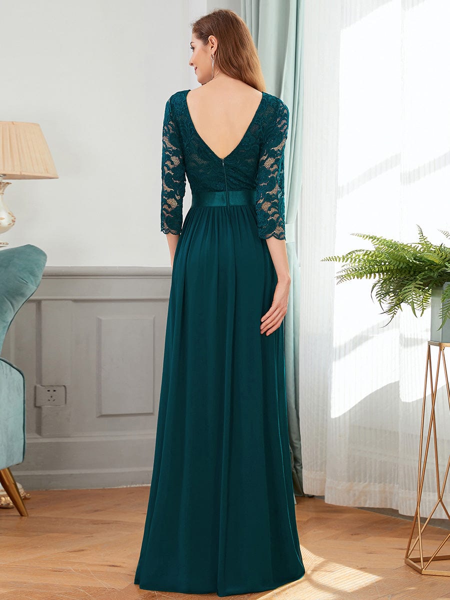 Custom Size See-Through Maxi Lace Evening Dress with Half Sleeve #color_Teal