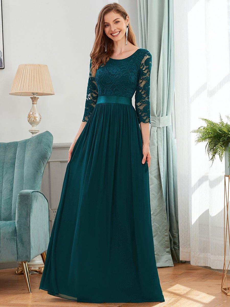 Custom Size See-Through Maxi Lace Evening Dress with Half Sleeve #color_Teal