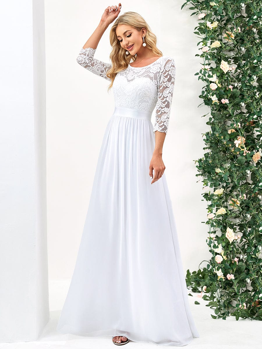 Custom Size See-Through Maxi Lace Evening Dress with Half Sleeve #color_White