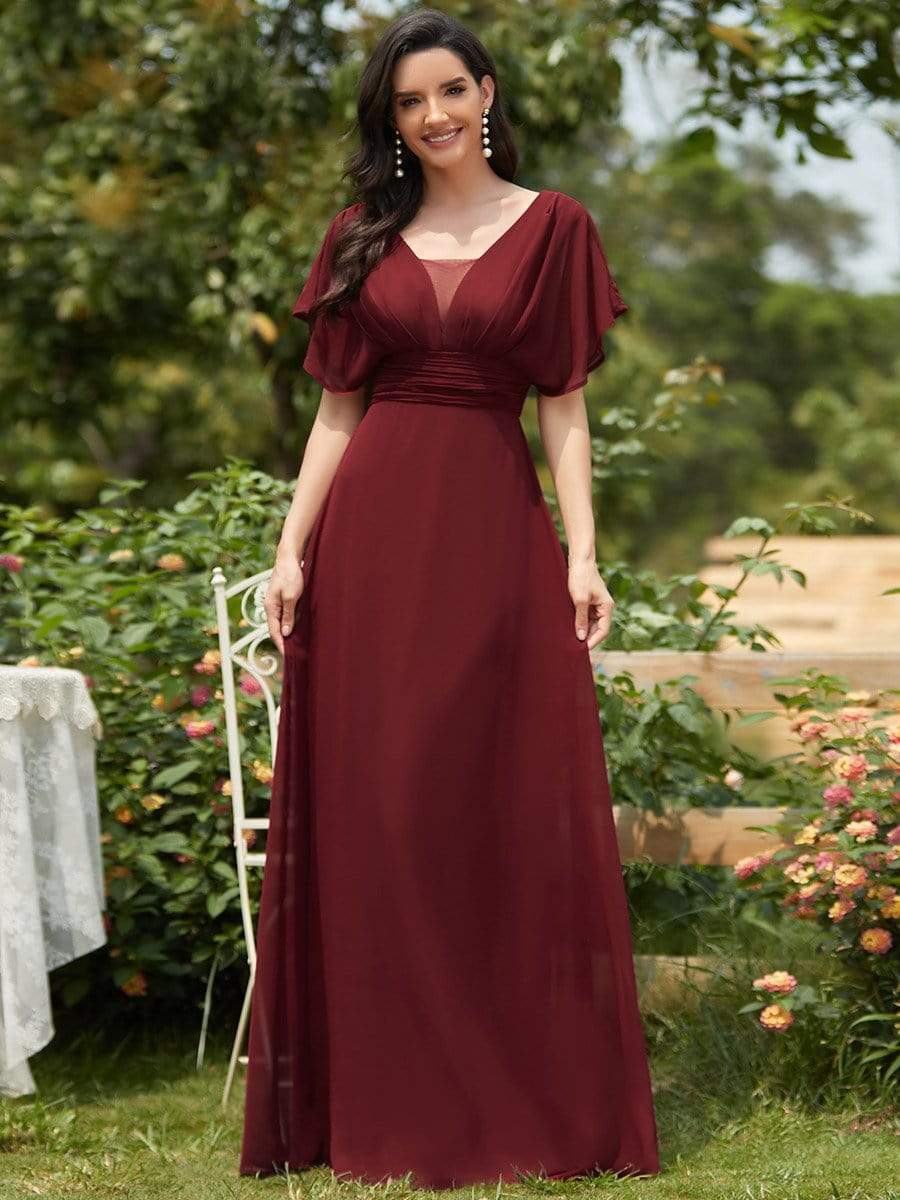 Women's A-Line Empire Waist Maxi Chiffon Evening Dress #color_Burgundy 