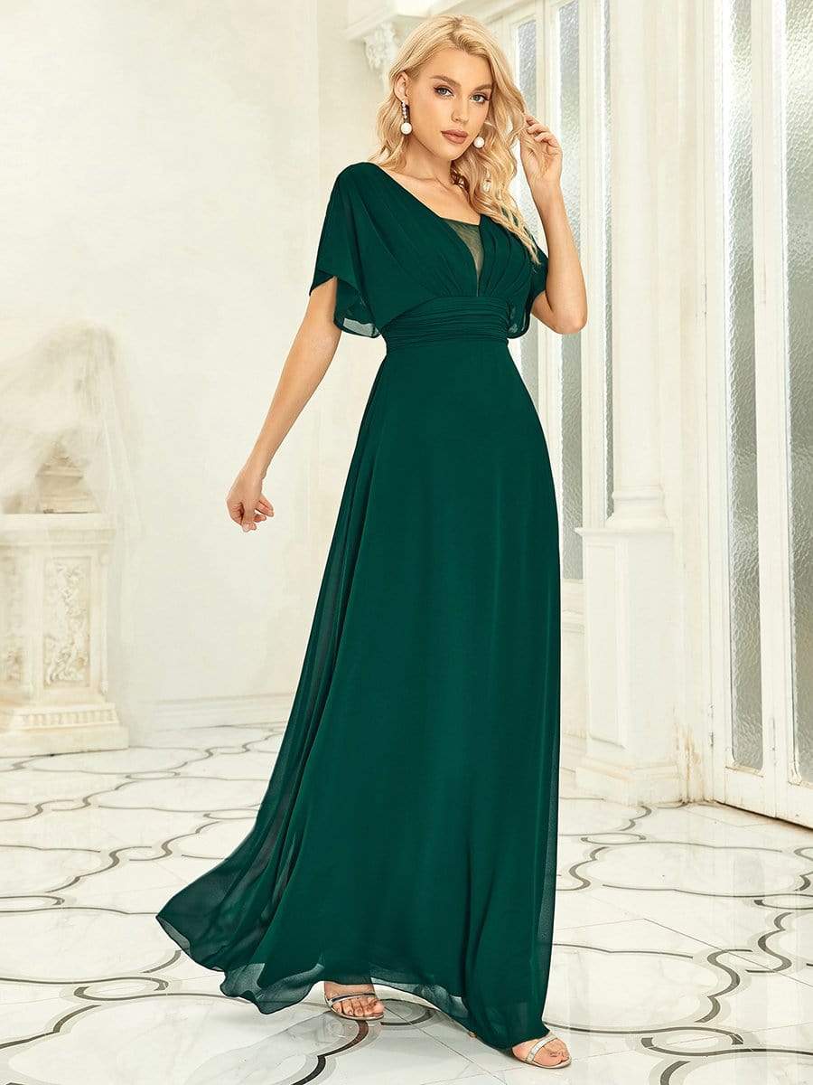 Women's A-Line Empire Waist Maxi Chiffon Evening Dress #color_Dark Green 