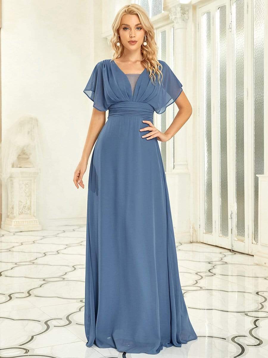 Women's A-Line Empire Waist Maxi Chiffon Evening Dress #color_Dusty Navy 
