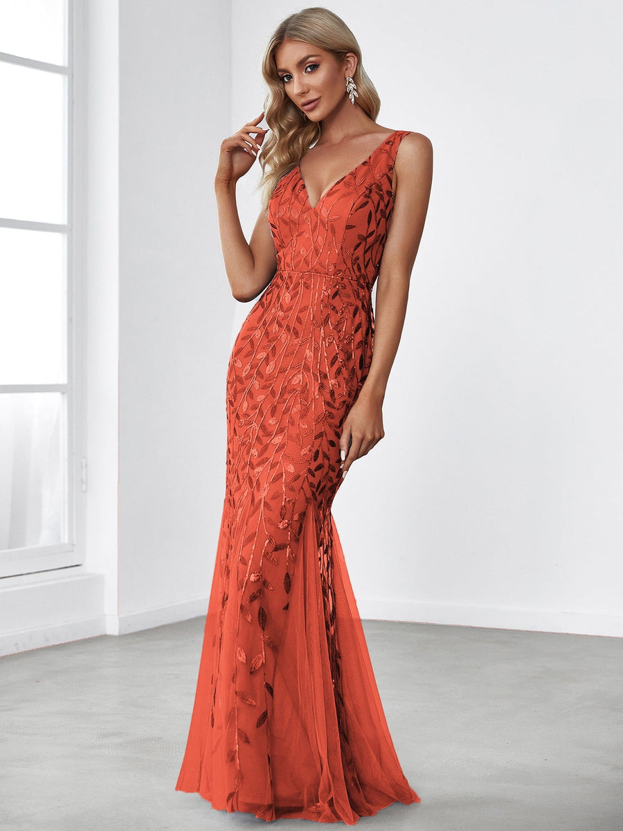 Women's Double V-Neck Fishtail Sequin Evening Dress #Color_Burnt Orange