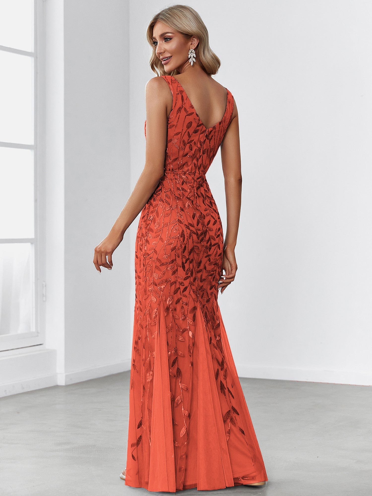 Women's Double V-Neck Fishtail Sequin Evening Dress #Color_Burnt Orange