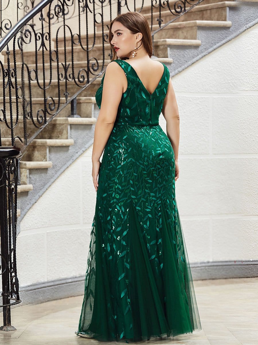 Women's Double V-Neck Fishtail Sequin Evening Dress #Color_Dark Green