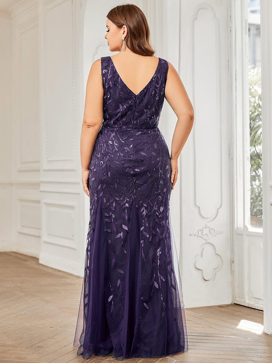 Women's Double V-Neck Fishtail Sequin Evening Dress #Color_Dark Purple
