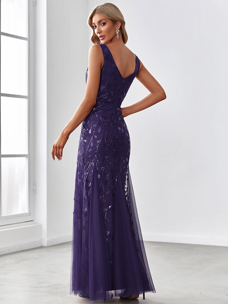 Women's Double V-Neck Fishtail Sequin Evening Dress #Color_Dark Purple