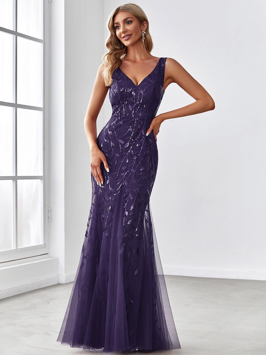 Women's Double V-Neck Fishtail Sequin Evening Dress #Color_Dark Purple