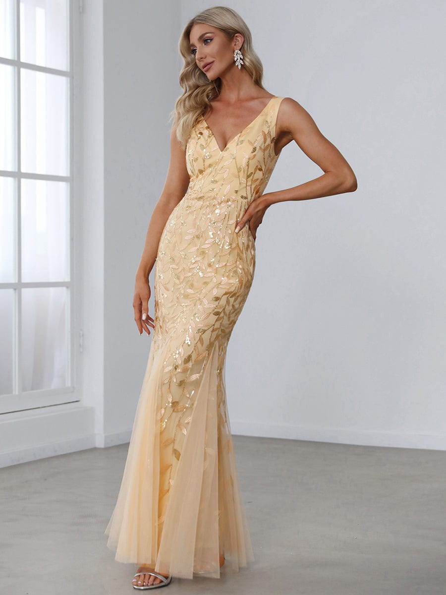 Women's Double V-Neck Fishtail Sequin Evening Dress #Color_Gold