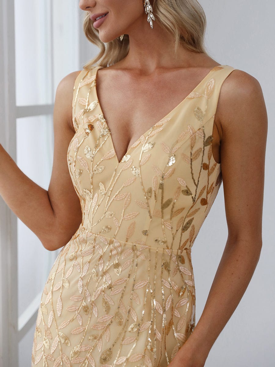 Women's Double V-Neck Fishtail Sequin Evening Dress #Color_Gold