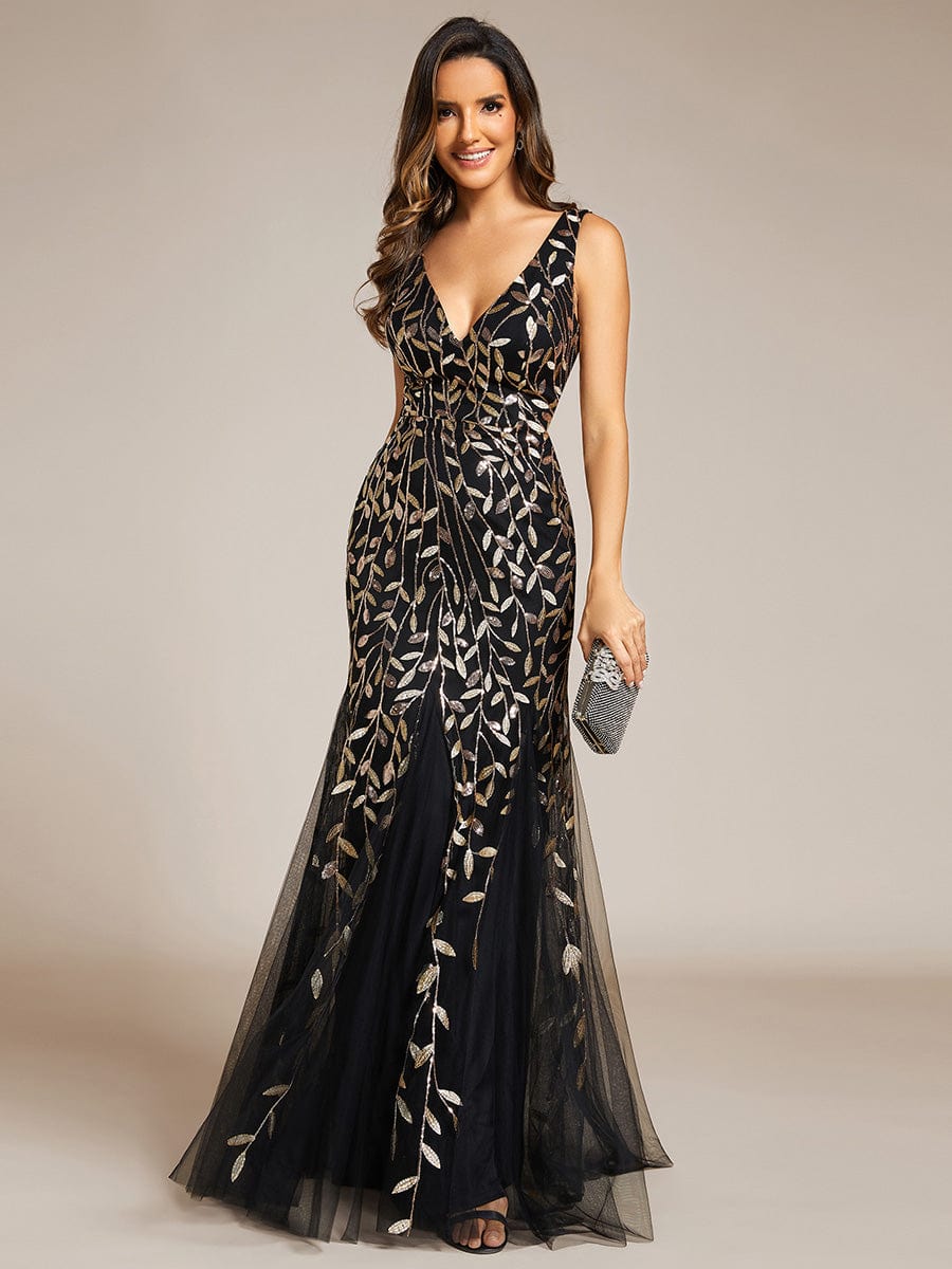 Women's Double V-Neck Fishtail Sequin Evening Dress #Color_Black & Gold