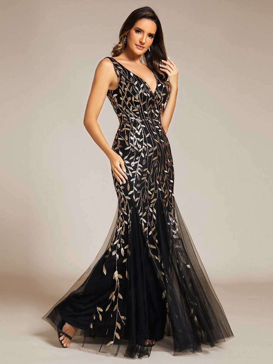 Women's Double V-Neck Fishtail Sequin Evening Dress #Color_Black & Gold