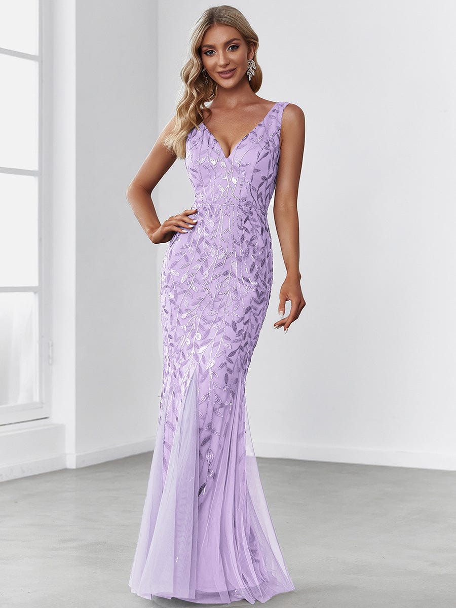 Women's Double V-Neck Fishtail Sequin Evening Dress #Color_Lavender