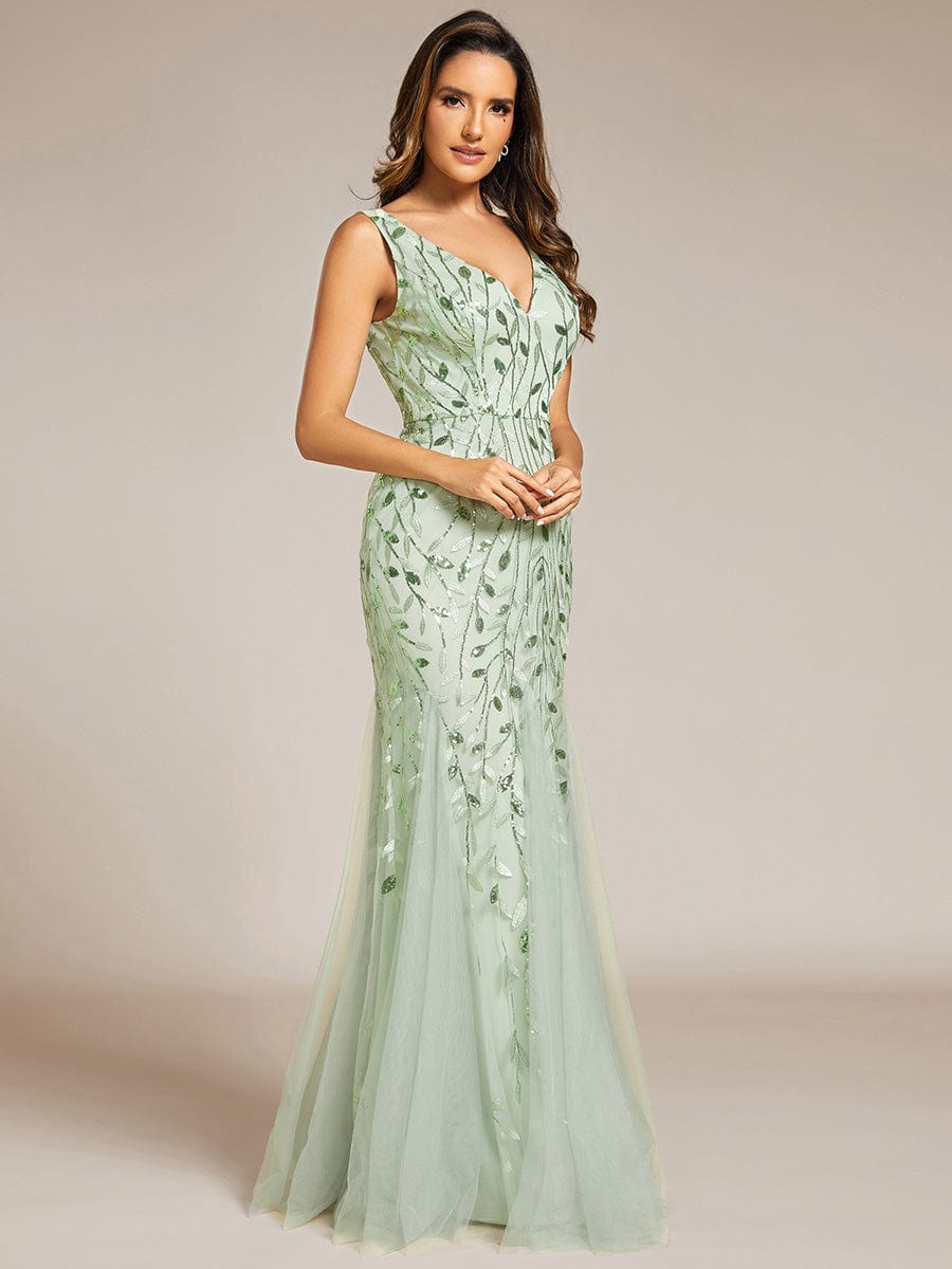 Women's Double V-Neck Fishtail Sequin Evening Dress #Color_Mint Green