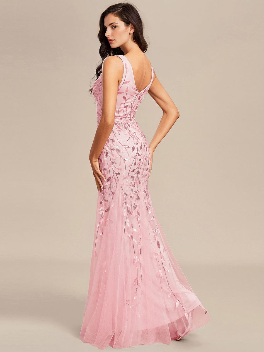 Women's Double V-Neck Fishtail Sequin Evening Dress #Color_Pink