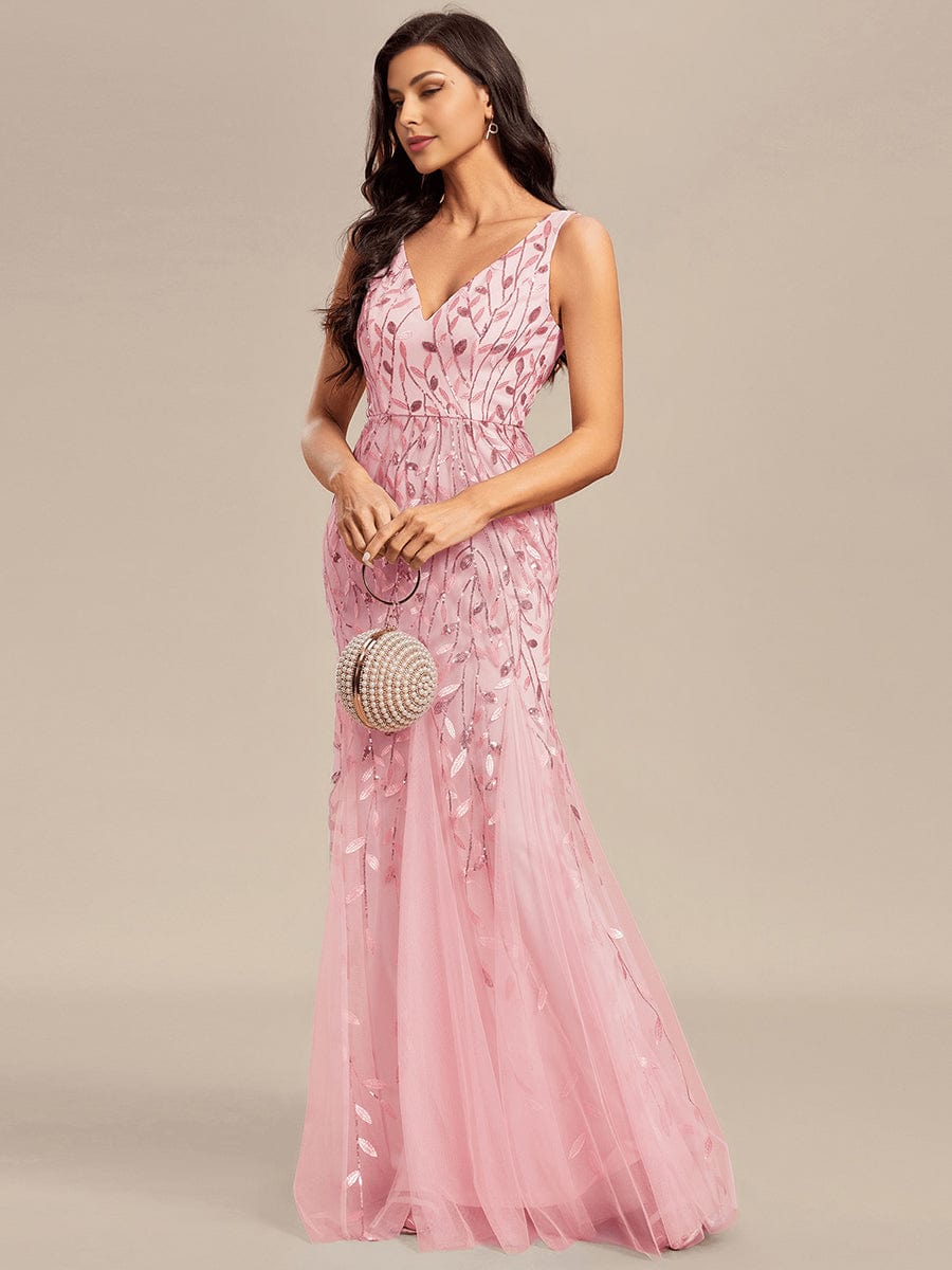 Women's Double V-Neck Fishtail Sequin Evening Dress #Color_Pink