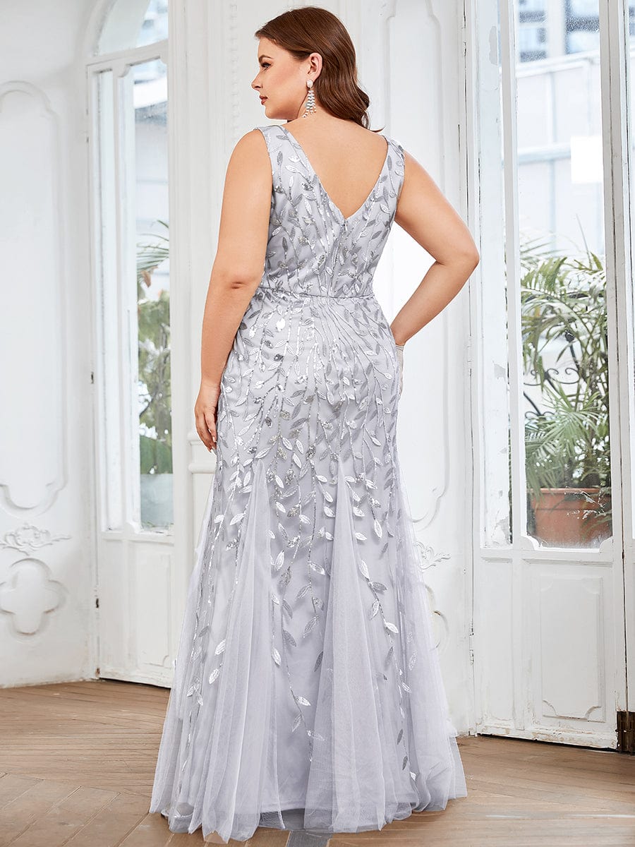 Women's Double V-Neck Fishtail Sequin Evening Dress #Color_Silver