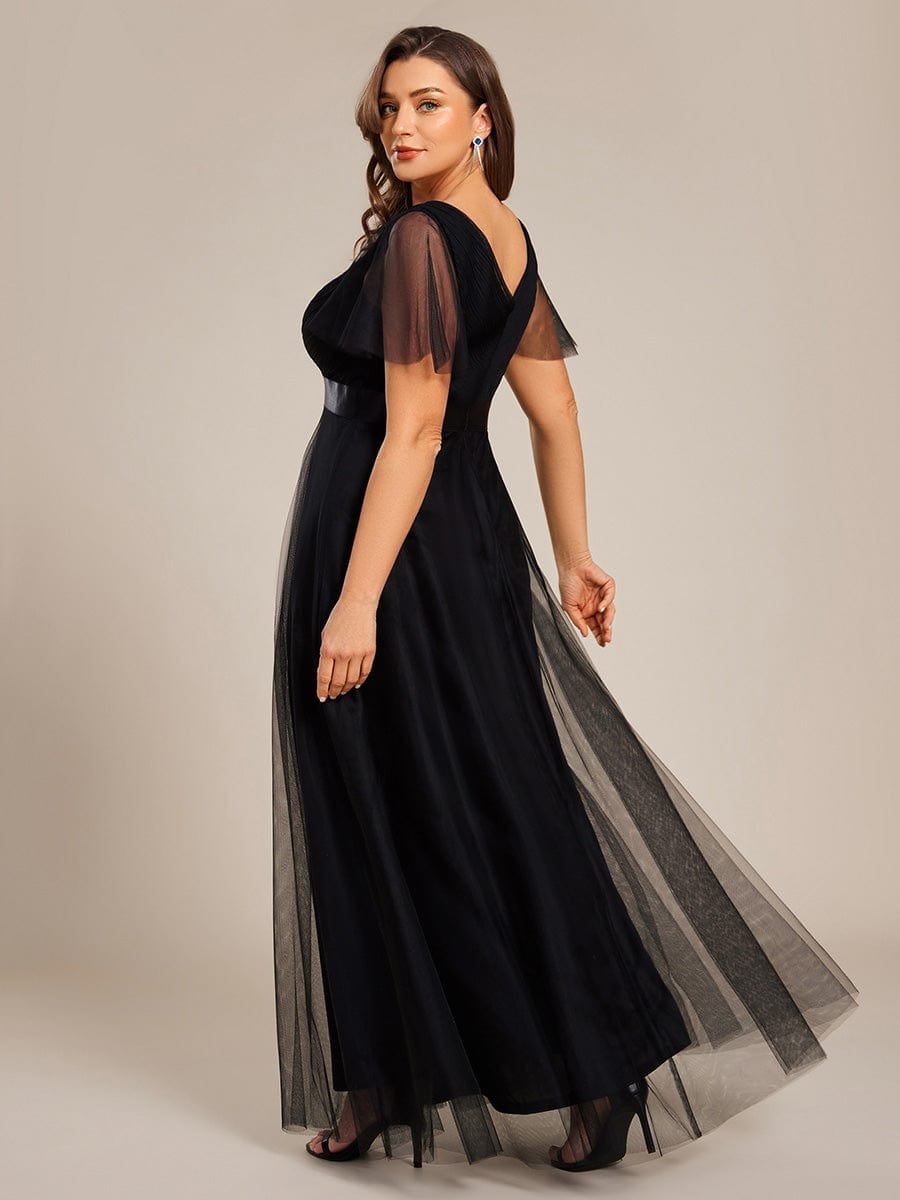 Women's Floor-Length Plus Size Formal Bridesmaid Dress with Short Sleeve #color_Black