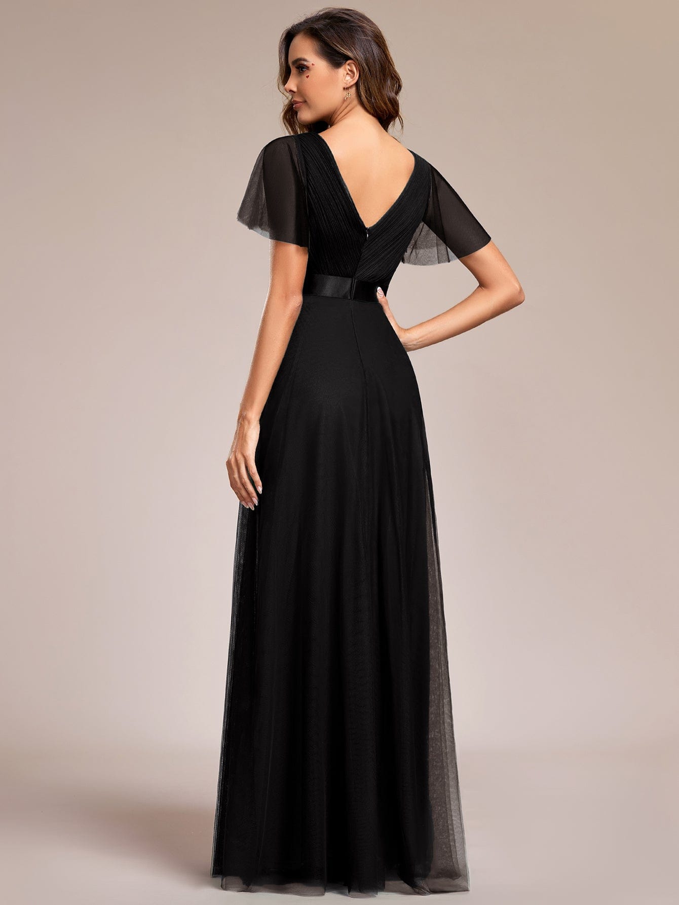 Double V-Neck Floor-Length Short Sleeve Tulle Bridesmaid Dresses #color_Black